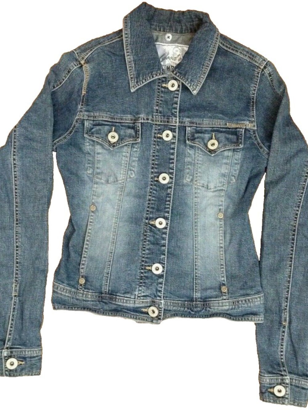 VINTAGE Y2K CLOCKHOUSE BLUE STRETCH COTTON DENIM JACKET WOMENS S 34"x22"